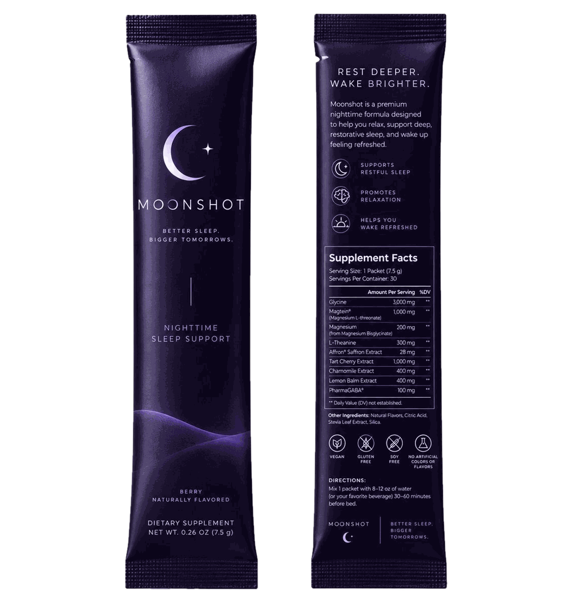 Moonshot Nighttime Sleep Support stick packs, front and back with supplement facts